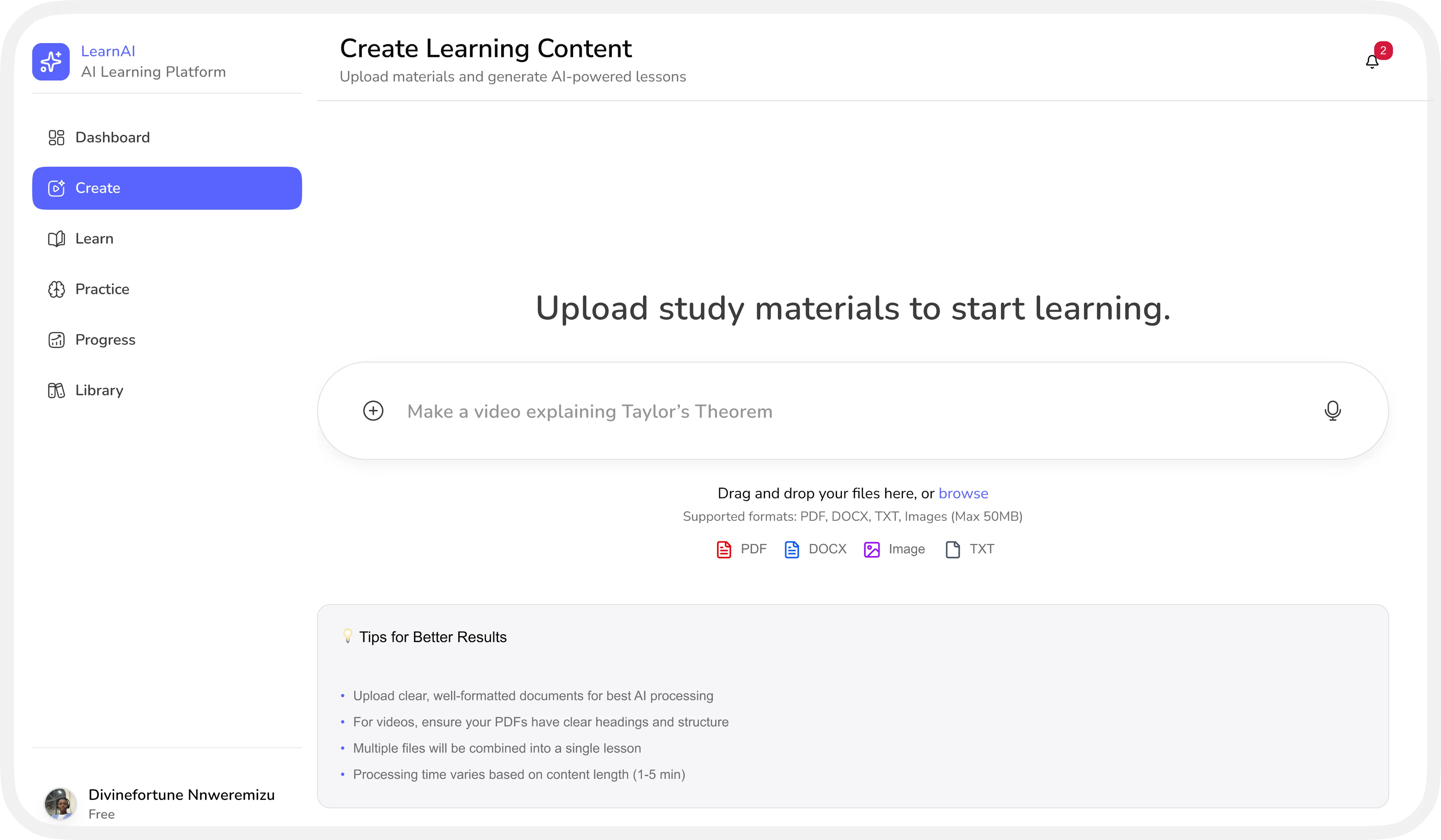 Create Learning Content screen — upload study materials to start learning