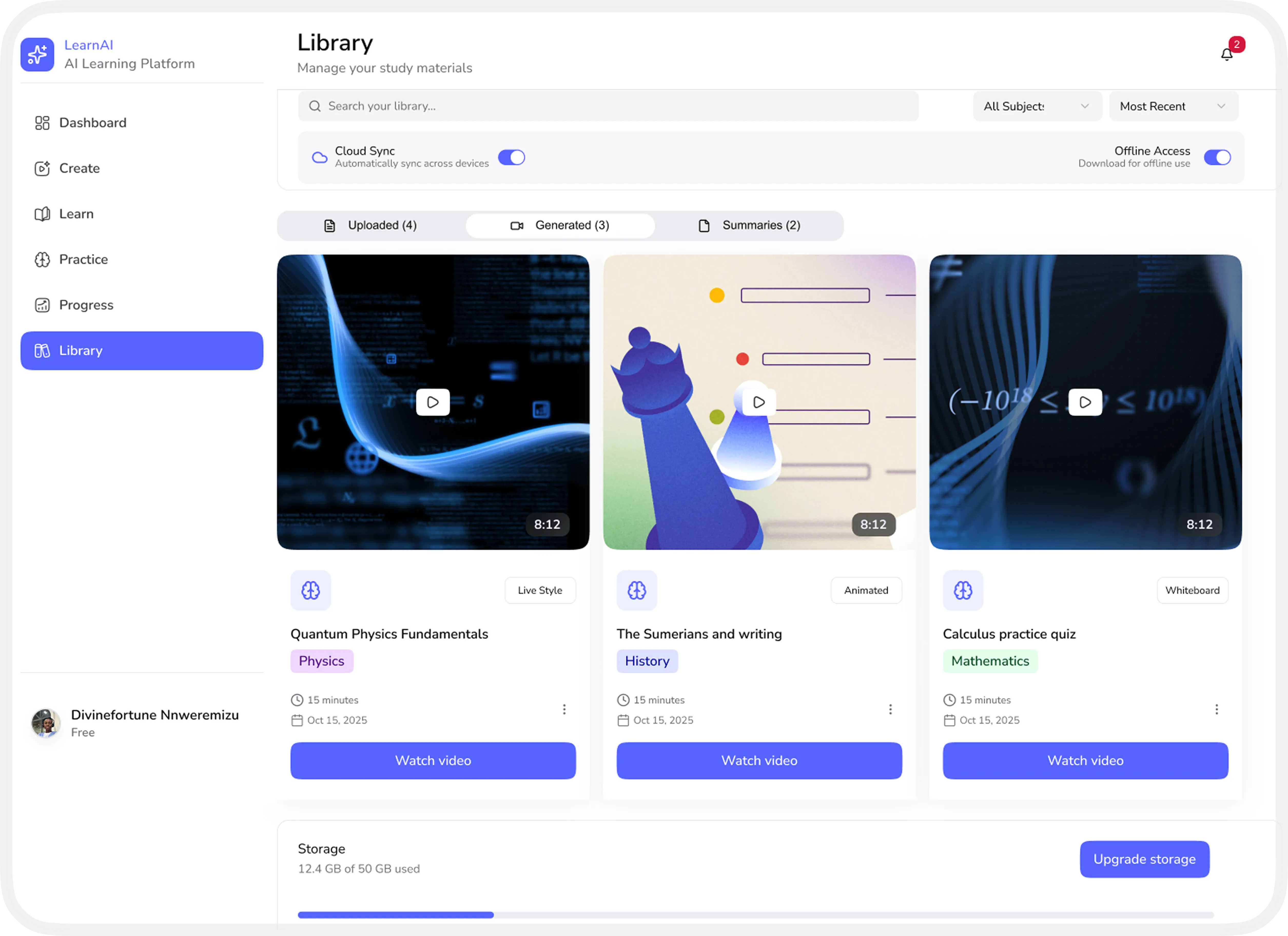 Library screen — generated videos and summaries