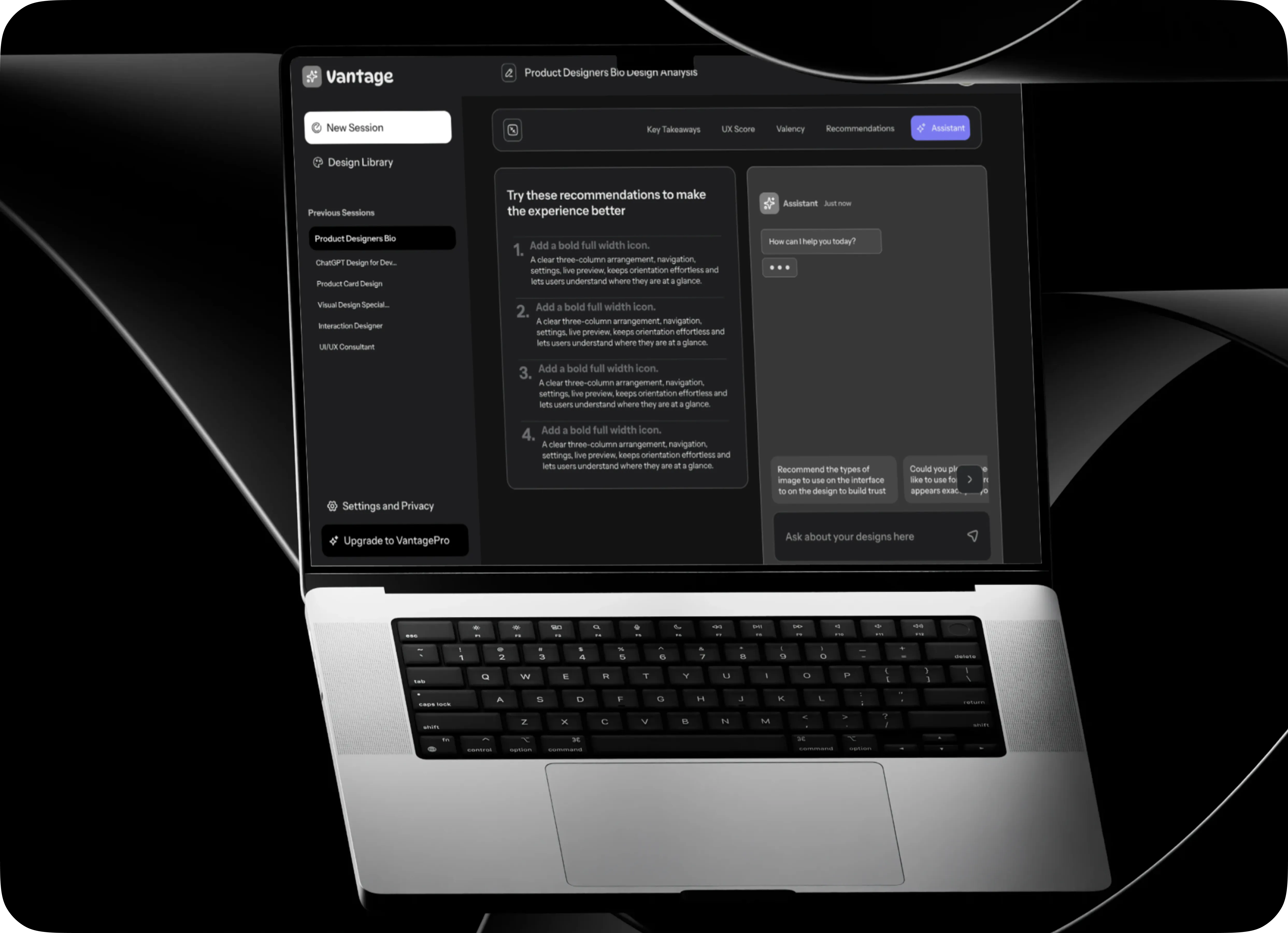 AI Assistive Partner screen — conversational design feedback