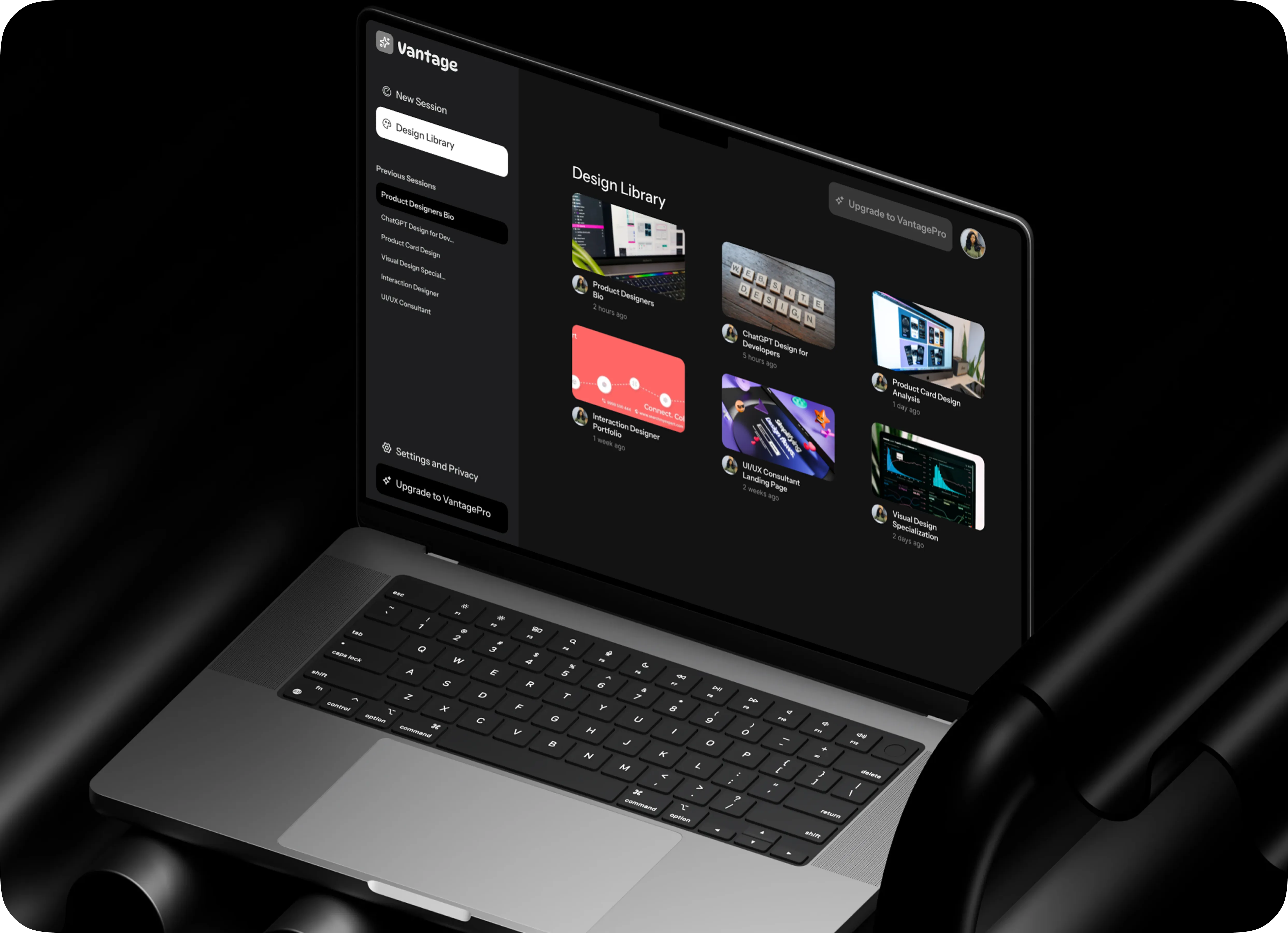 Design Library screen — saved designs and review history