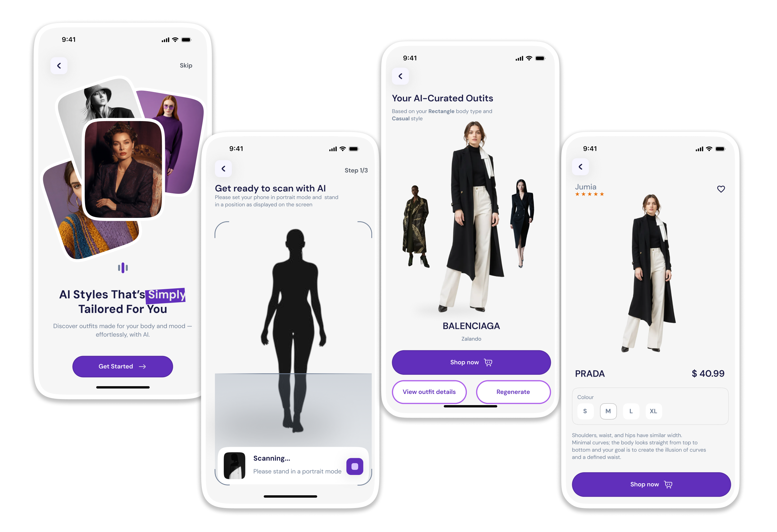 AI-curated outfit and body-scan flow shown across four phone mockups