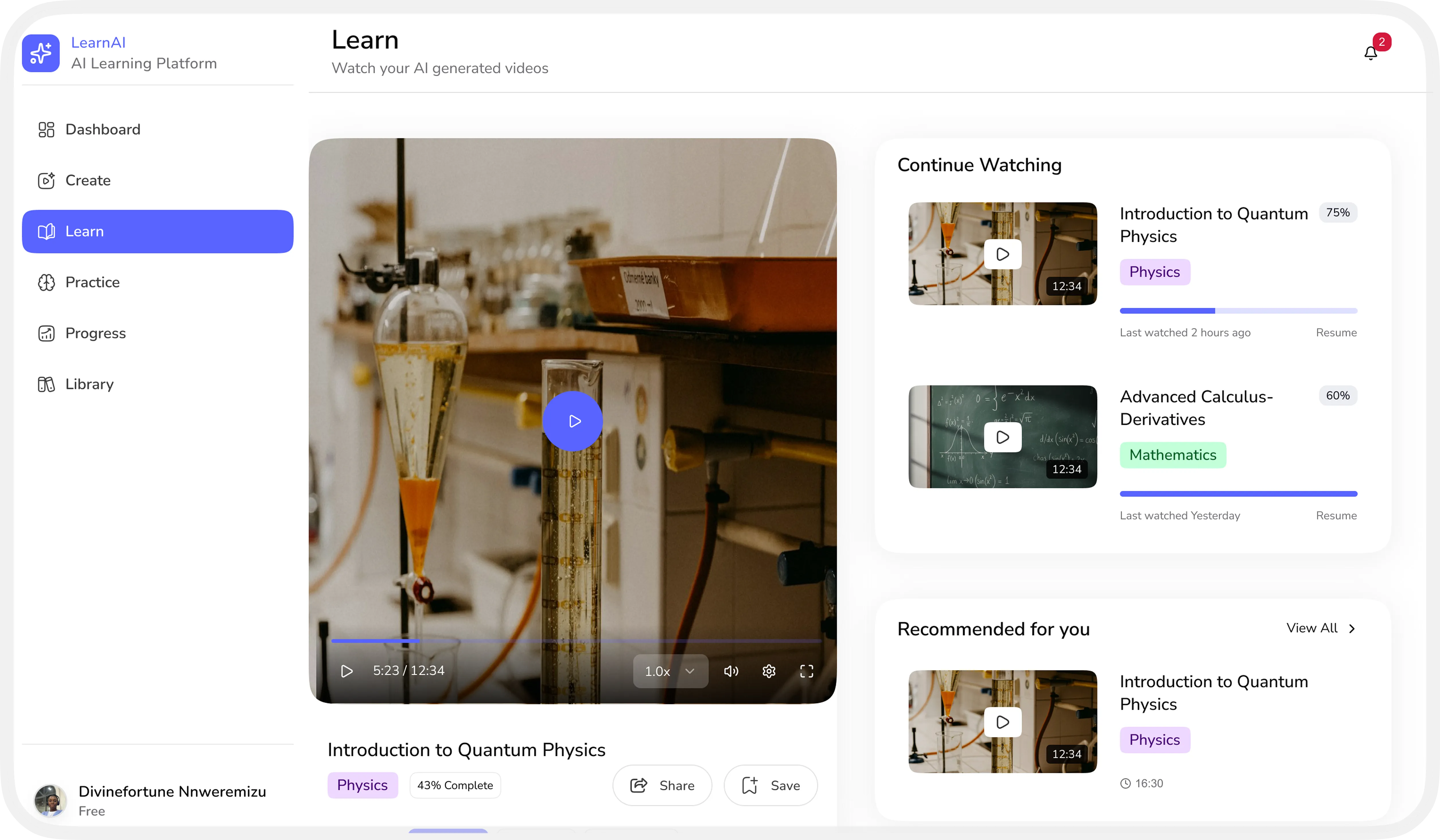 Learn screen — AI generated video with continue watching list