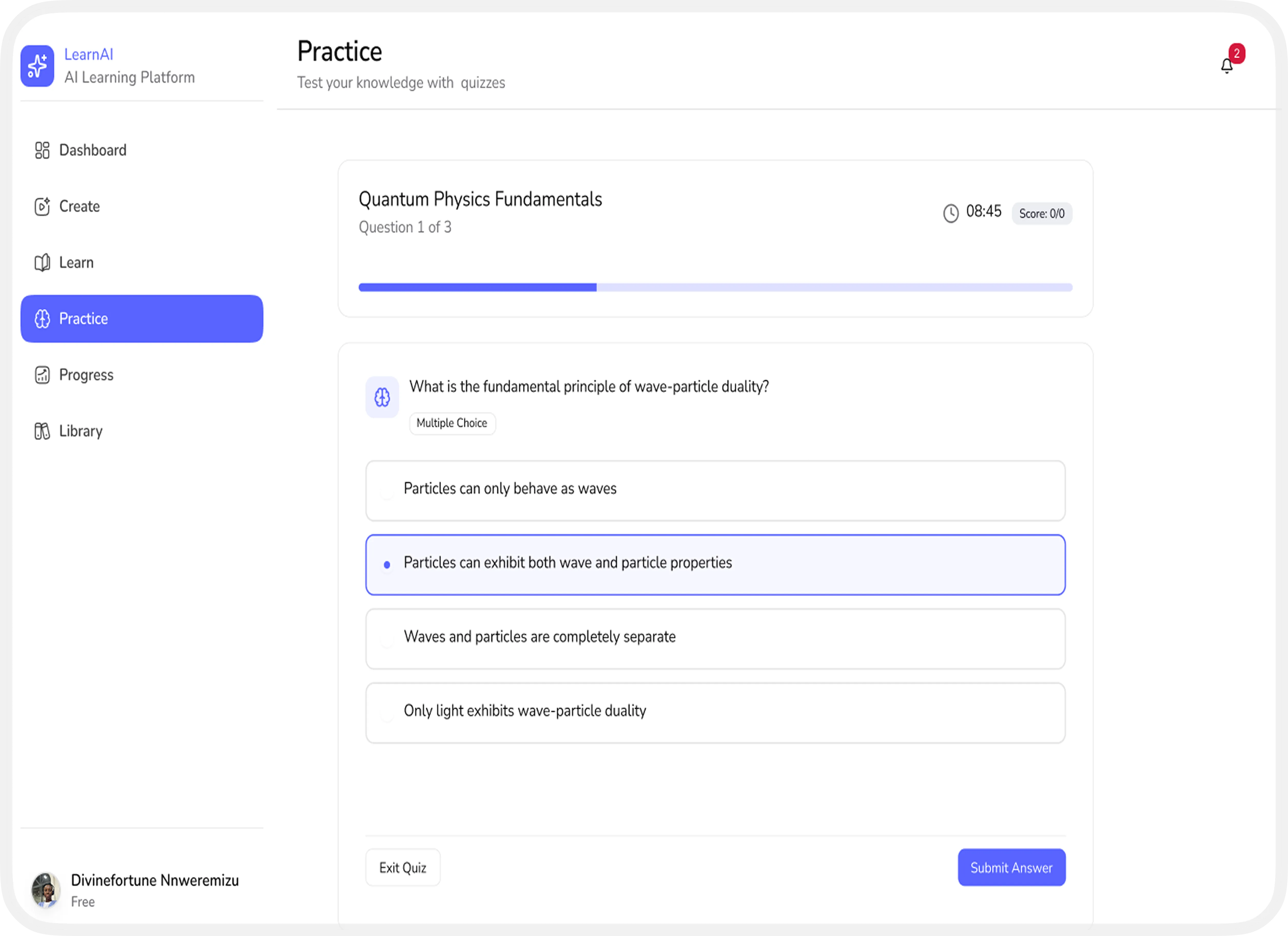 Practice screen — quiz testing knowledge