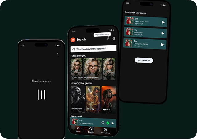 Spotify voice-activated search feature shown across three phone mockups