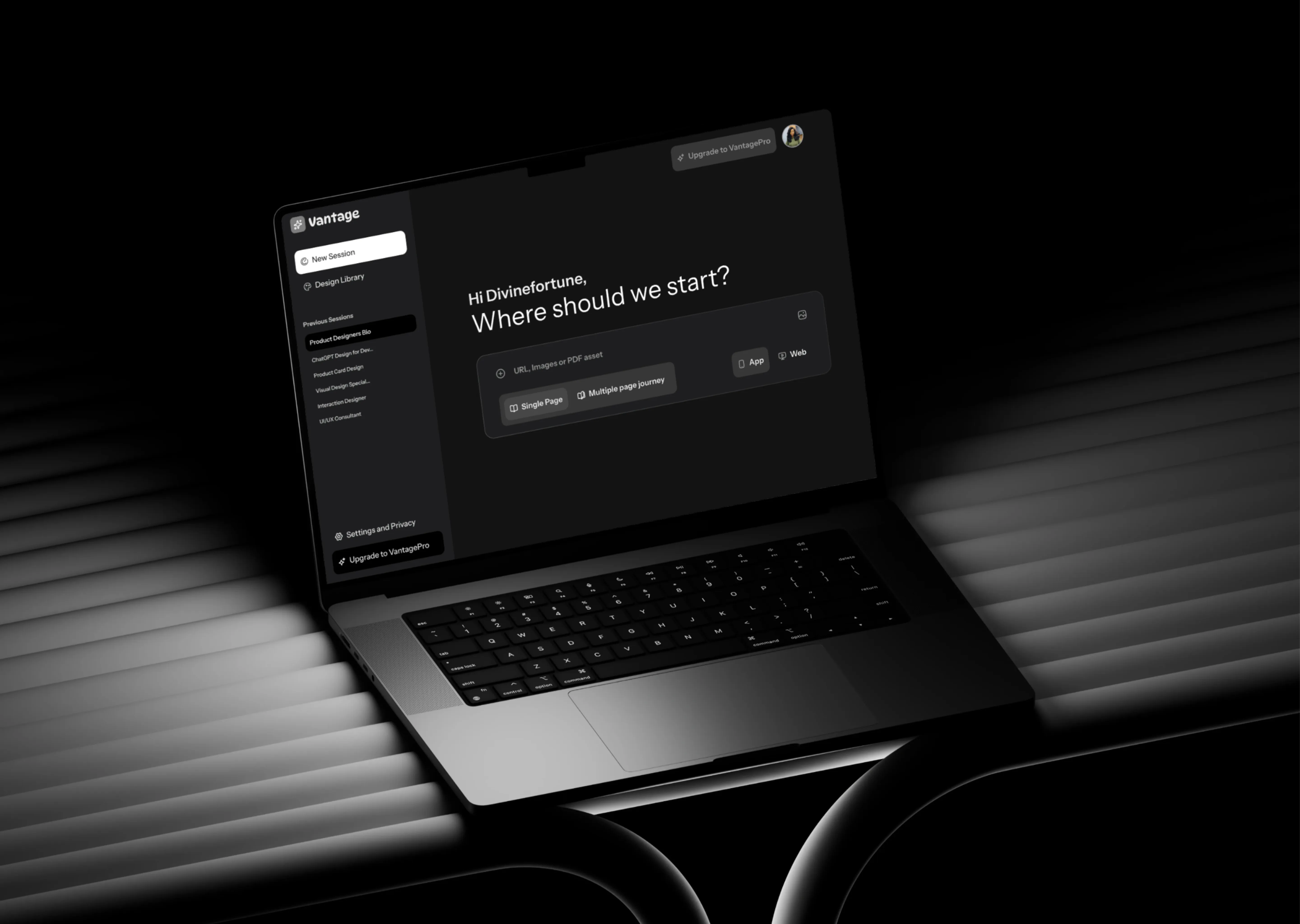 VantageAI design-feedback assistant interface shown on a laptop screen