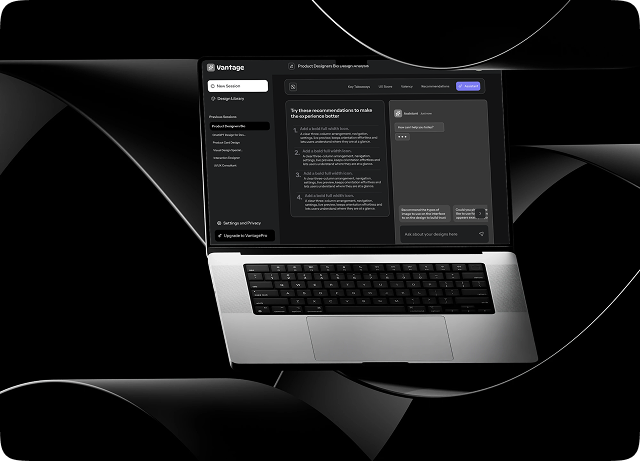 Vantage AI design-feedback assistant shown on a laptop screen